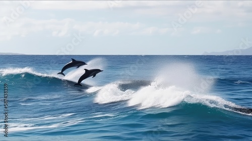 Playful dolphins jumping over breaking waves. Generative AI