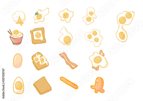 Set of food art fried egg in illustration and decorations cute bright colors.