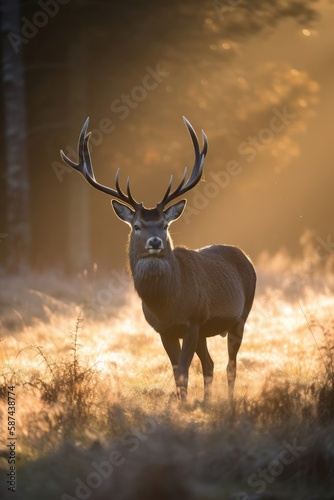 Red deer in morning sun. Generative AI