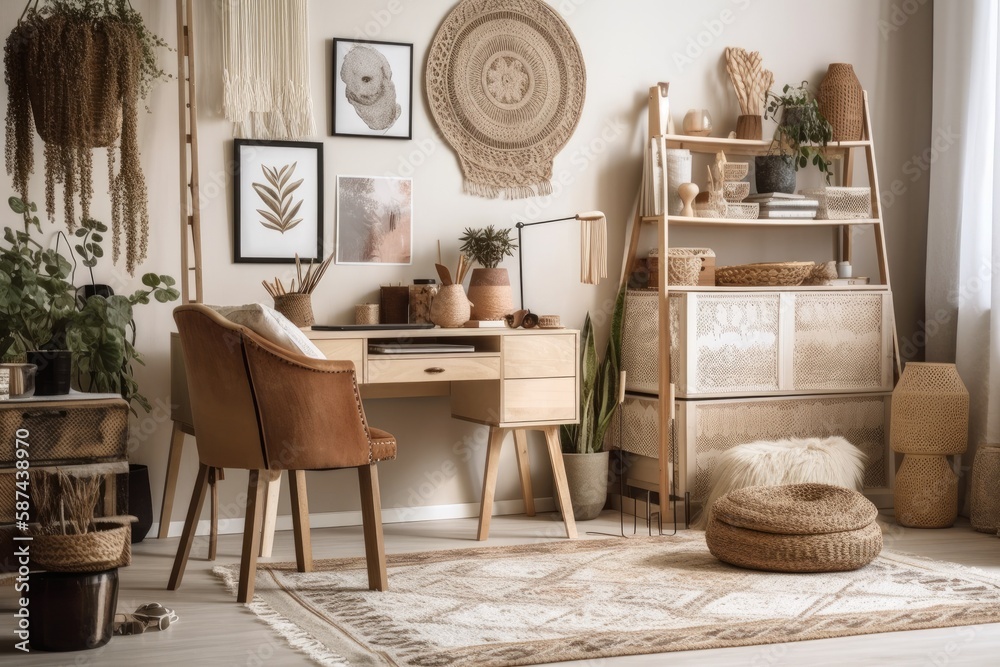 Neutral boho living area with trendy desk, armchair, dried flowers in vase, book, décor, office supplies, copy space, notes, clock, and personal accessories. Generative AI