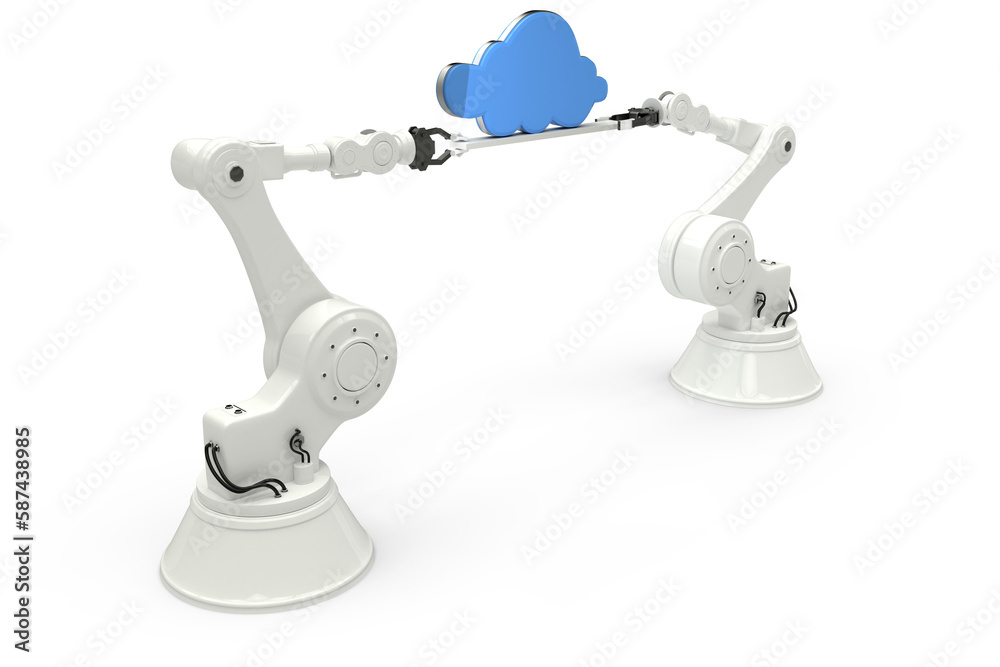 Digitally generated image of robotic hands holding blue cloud Digitally generated image of robotic hands holding blue cloud