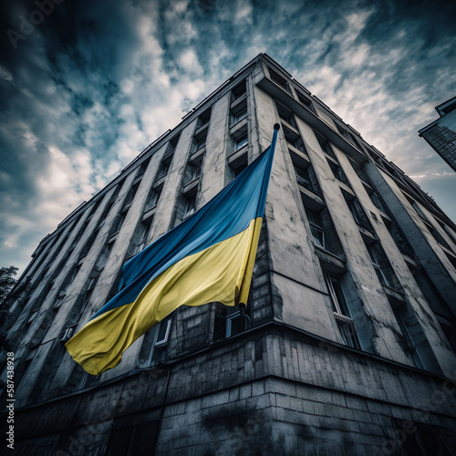 Looking up at a tall building with the Ukrainian flag waving. Generative AI