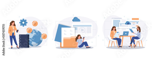 Business applications abstract concept vector illustration set. Packaged software, FinTech technology, system software development, payment processing, database system integration abstract metaphor.