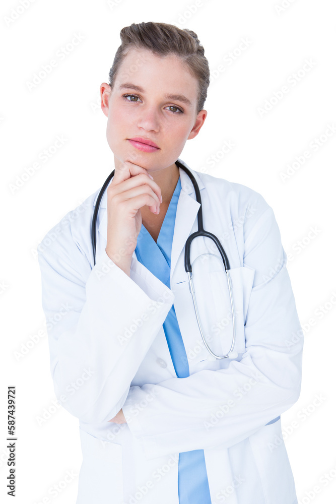 Thoughtful doctor looking at camera with hand on chin Thoughtful doctor looking at camera with hand on chin