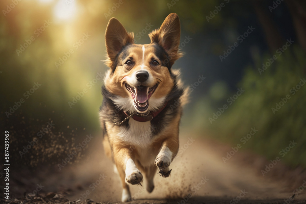 Portrait Of Happy Dog Full Of Joy And Energy Running Towards Camera, Image, Park Outdoor Background, Spring Season, Generative Ai