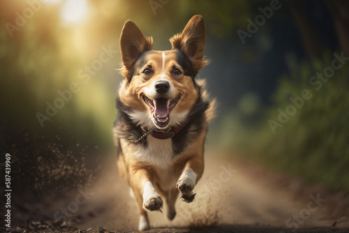 Portrait Of Happy Dog Full Of Joy And Energy Running Towards Camera, Image, Park Outdoor Background, Spring Season, Generative Ai