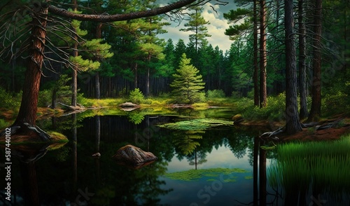  a painting of a forest scene with a pond and trees. generative ai
