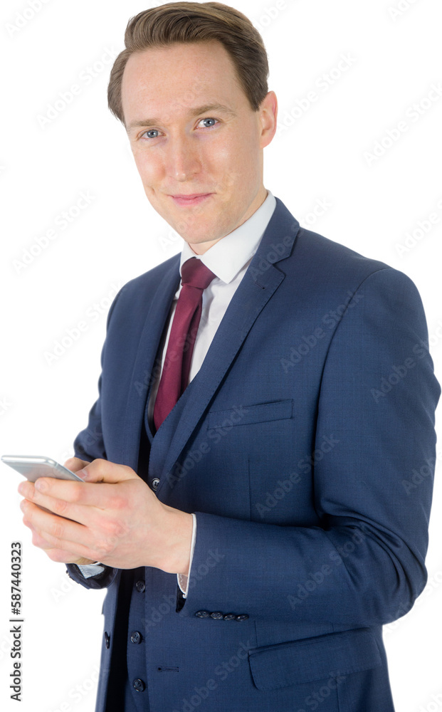 Businessman holding his smartphone and looking at camera Businessman holding his smartphone and looking at camera