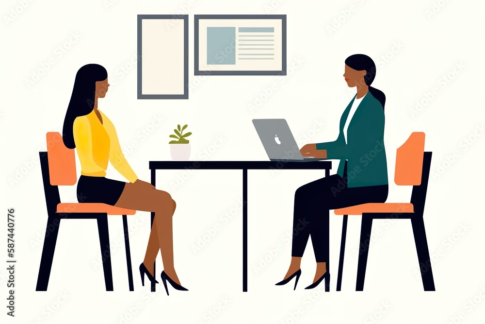 simplified flat vector art of two person doing interview in an office room, one female formal attire using laptop, one female casual attire as candidate, white background