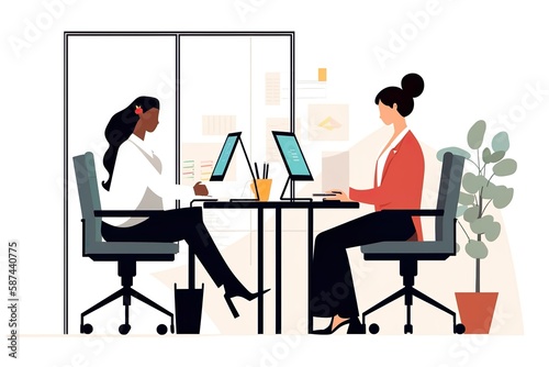 simplified flat vector art of two professionals having meeting in an office room, both female formal attire, both using laptop, white background