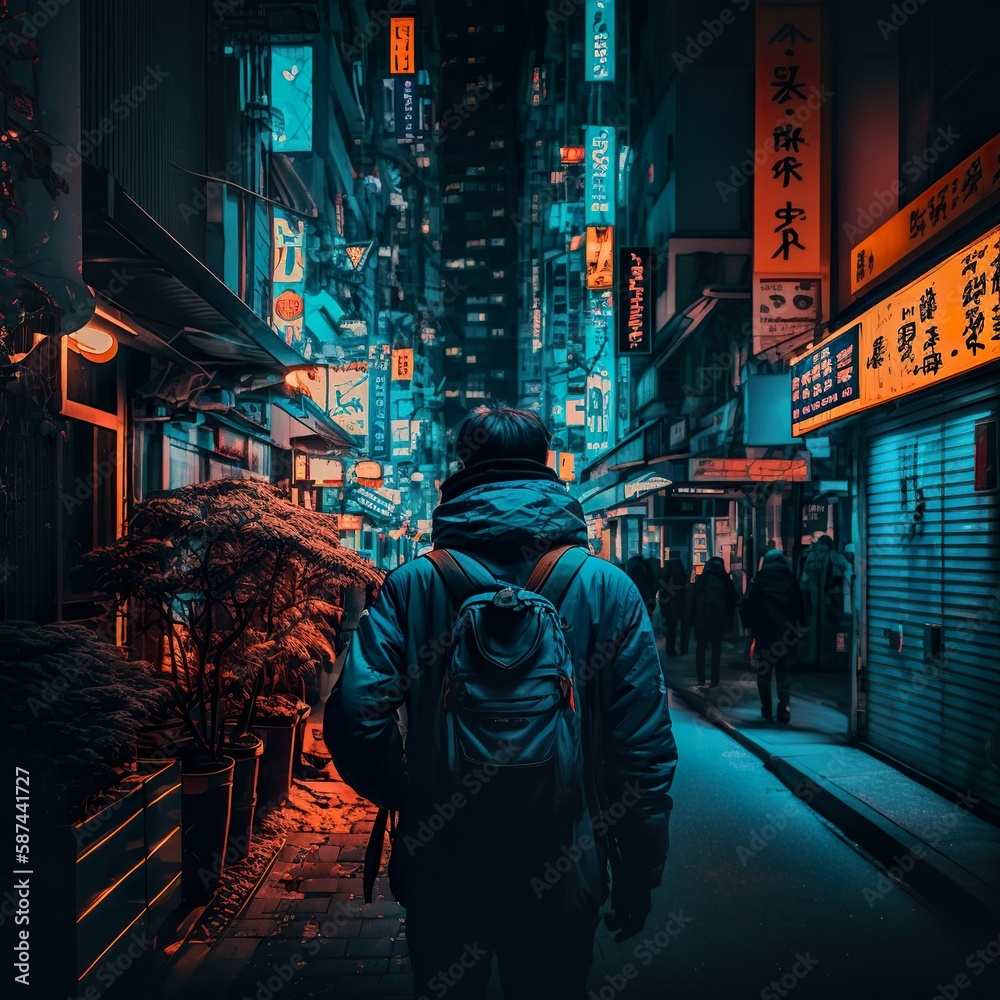 Obraz premium Digital art piece that captures the gritty, neon-lit streets at night (AI generated)