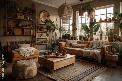Cozy living area with ample space  plants  wooden shelves  rattan couch  and bohemian decorations. Carpet  beige wall. concept. Template. Generative AI