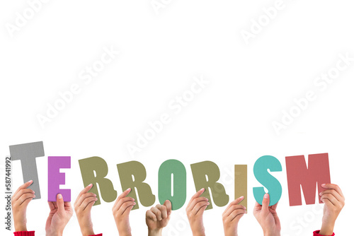 Cropped hands holding colorful alphabets forming terrorism