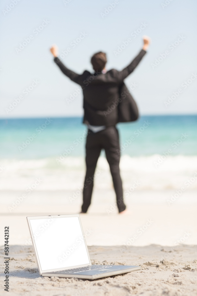 Happy businessman cheering in front of the sea Happy businessman cheering in front of the sea