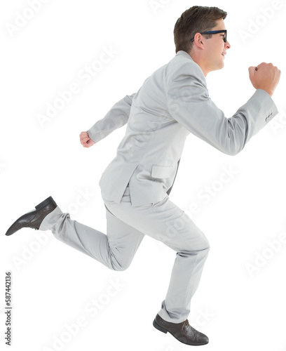 Geeky happy businessman running mid air