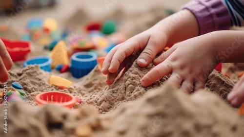 children hands in the sandbox, children play with sand. generative ai