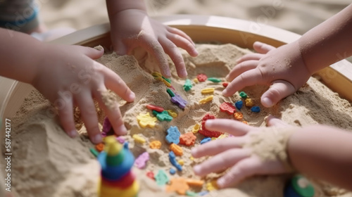 children hands in the sandbox, children play with sand. generative ai