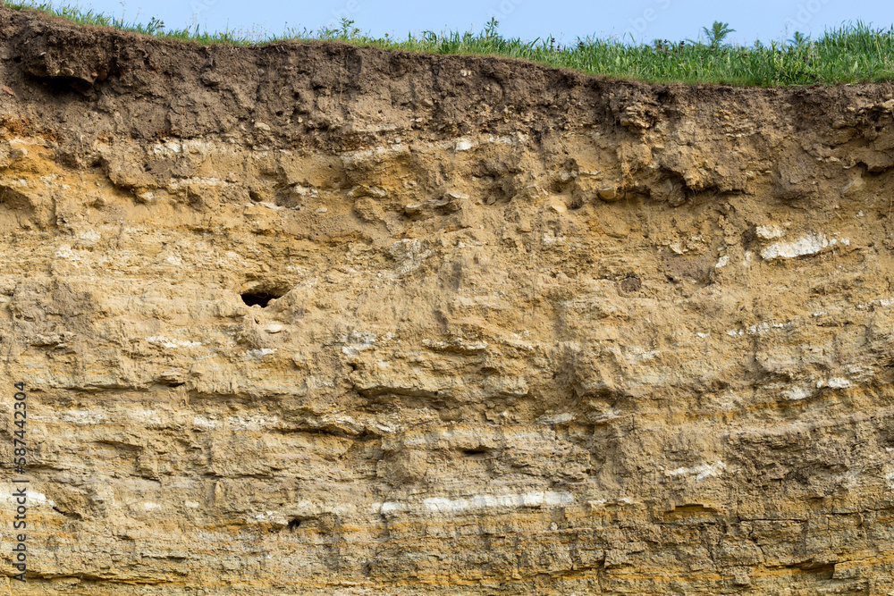 Sedimentary rocks with a high content of iron oxide. Red soil, loam. The texture of the soil. Sedimentary rocks with a high content of iron oxide. Red soil, loam. The texture of the soil.