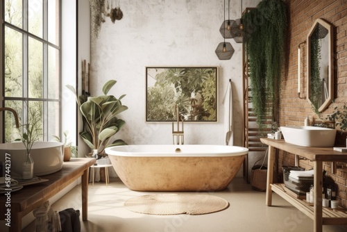 a lavish bathroom with a bathtub  a mock up picture frame on a stunning wall  decorated with cozy furnishings and plants . Generative AI