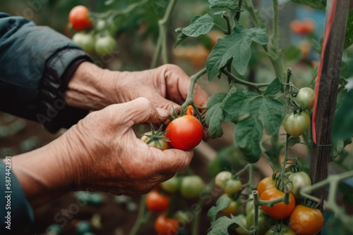 gardener hand pick red tomato in greenhouse generative ai