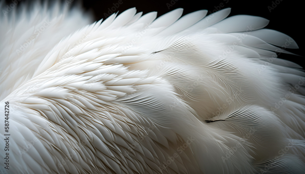 Fototapeta premium White swan color feathers bird background colored plumage. Close up photo of shimmered feathers of paradise bird. 3D realistic illustration. Creative AI