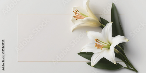 Blank greeting card mockup and flowers on white background. Happy Mother's Day, Birthday, anniversary or Valentine's Day concept background. Generative AI