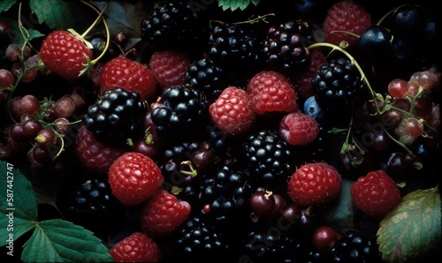  a close up of a bunch of berries and raspberries.  generative ai