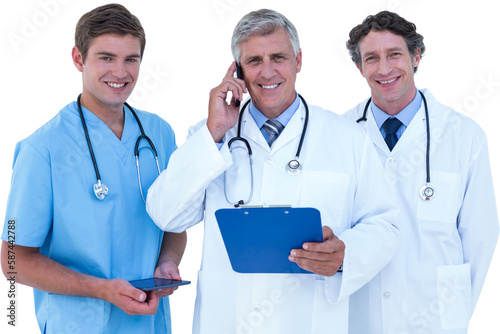 фотографія Portrait of smiling doctors using technology