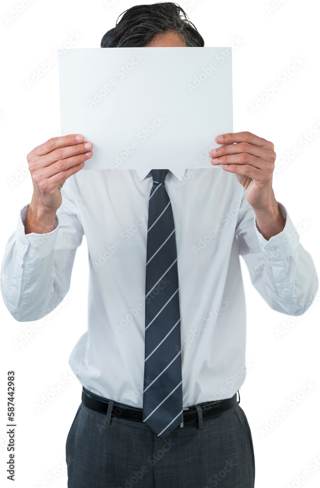 Business executive covering face with paper Business executive covering face with paper