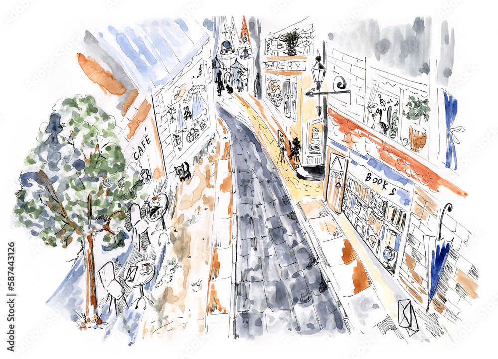 Fototapeta premium Small town street watercolor and ink pen illustration. It is cozy raining outside, but there are several warm stores - bakery, cafe, book shop, church, clothes. Nice modern art for greeting cards