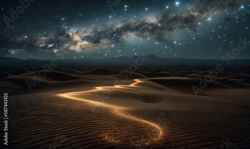  a night sky filled with stars and a line of sand dunes. generative ai
