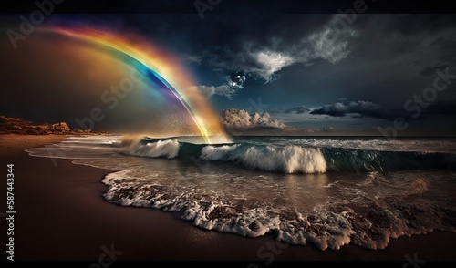  a rainbow appears over the ocean with waves crashing on the shore. generative ai