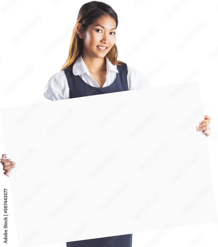 Smiling businesswoman holding a white poster Smiling businesswoman holding a white poster