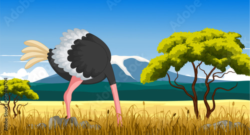 illustration of ostrich with landscape background