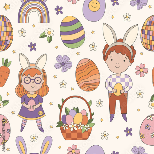 Happy Easter Seamless pattern with boy in bunny ears and girl in bunny ears. Cute easter groovy pattern with basket, eggs, flowers, carrot on beige background. Vector illustration