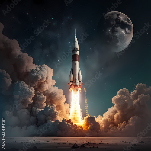 Rocket Launching dark background. Generative AI