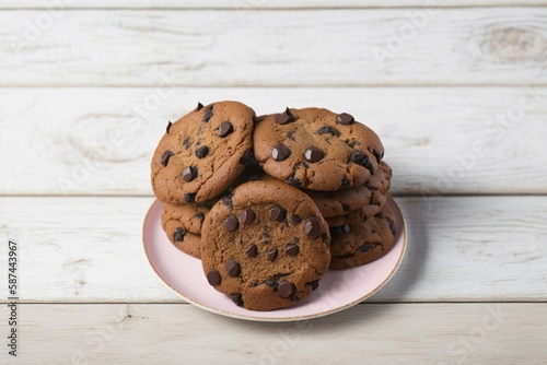 cookies, chocolate chip cookies on wooden table, chocolate chip cookies on a pink plate on a white wooden table