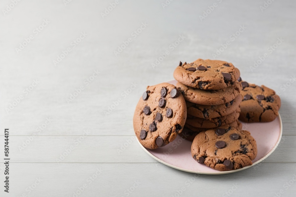chocolate chip cookies on a plate, chocolate chip cookies on wooden table, chocolate chip cookies on a pink plate on a white wooden table chocolate chip cookies on a plate, chocolate chip cookies on wooden table, chocolate chip cookies on a pink plate on a white wooden table