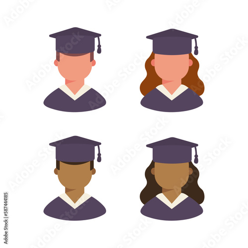 Set of student graduation avatars. Young multicultural male and female. Vector illustration.