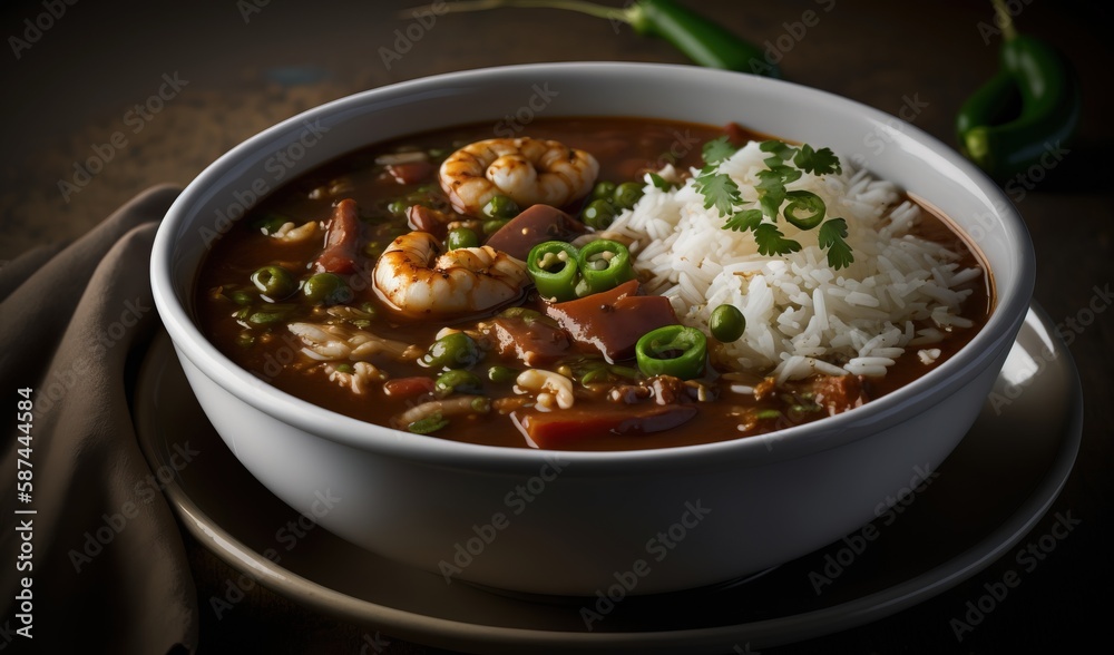  a bowl of soup with shrimp, rice and green peppers.  generative ai