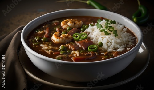  a bowl of soup with shrimp, rice and green peppers. generative ai