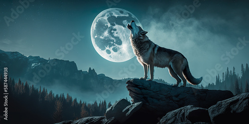 Wolves howl and full moon high resolution night wildlife nature landscape. Wolf howling during full moon. 3D realistic illustration. Generative AI © Vagner Castro