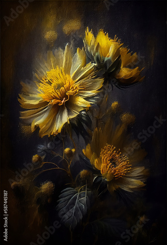 Printable 22x32in mystery mystic yellow gold art flowers oil painting style, generative AI