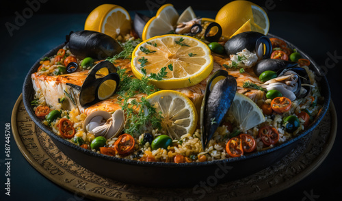  a platter of seafood and rice with lemons and olives. generative ai