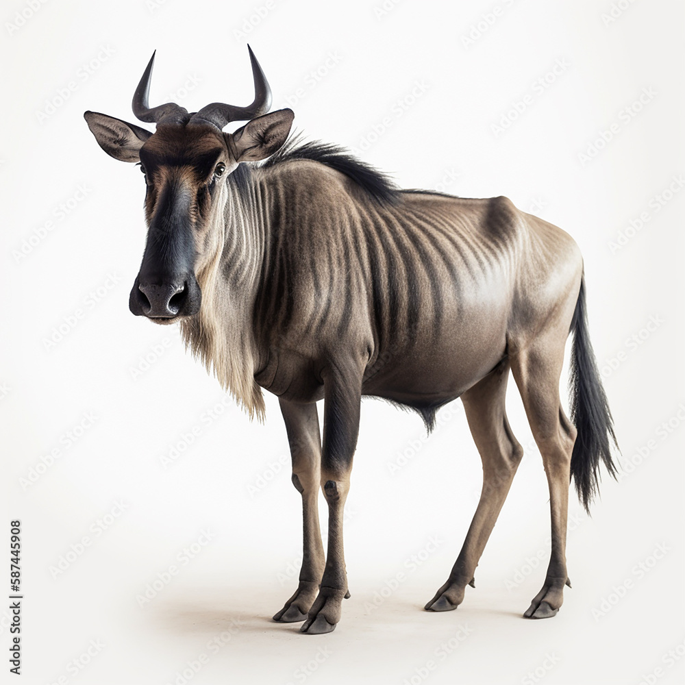 Wildebeest, unusual African artiodactyl animal isolated on white background close-up, ai generative