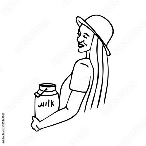 
Happy, young, female farmer with milk can. Line illustration. Home dairy farm.
