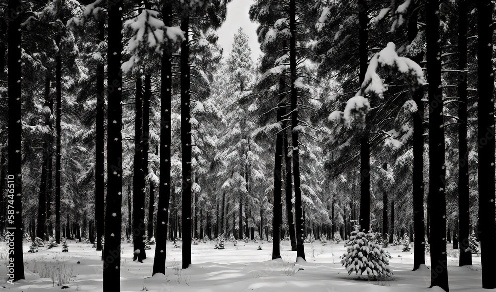 a black and white photo of snow covered trees in a forest. generative ai a black and white photo of snow covered trees in a forest. generative ai