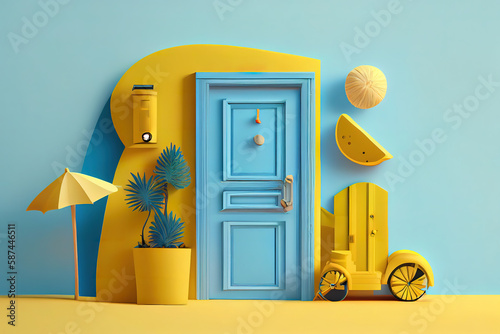 Minimal conceptual scene of summer stuff in a blue door on yellow background. Generative Ai