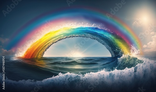  a painting of a rainbow in the middle of the ocean.  generative ai © Olga