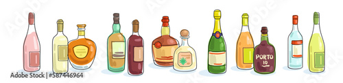 Collection of various bottles of wine and spirits for the holiday. Banner in linear style. Isolated on white background. Vector flat illustration. Template for menu design